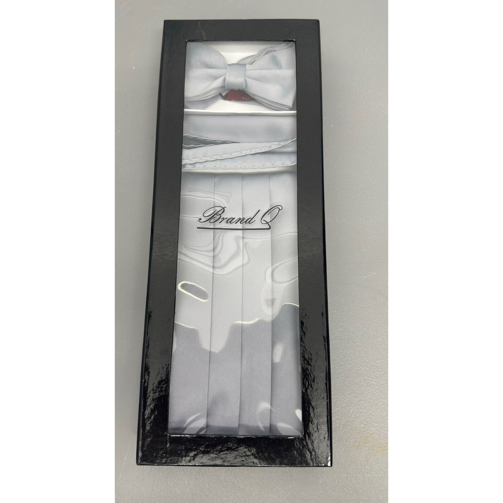 New In Box Brand Q Silver Gray Cummerbund‎ Bowtie Hankie Set Wedding Prom  #5